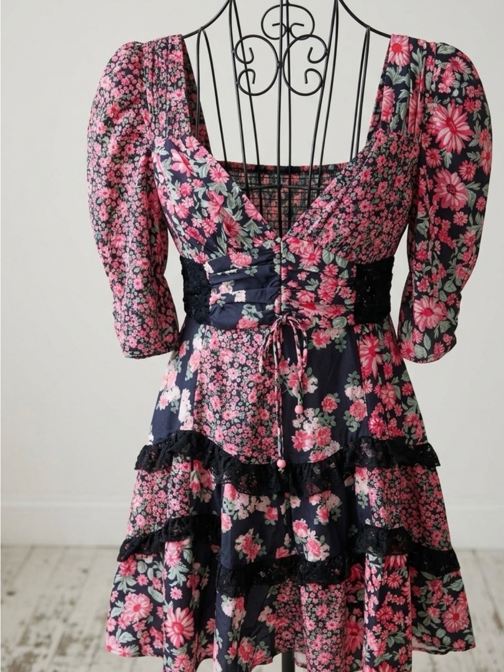 Floral Tie-Front Women’s Dress in Pink and Navy